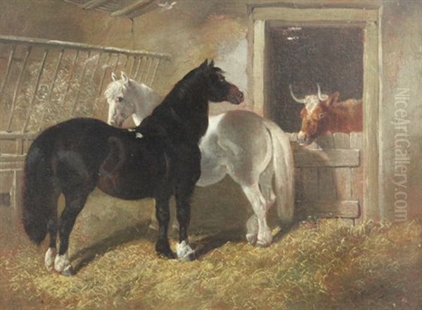 Stable Interior With Horses And Cow Oil Painting by Henry Charles Woollett