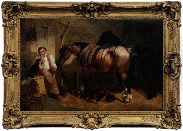 Stable Boy In A Barn With Dog, Horses And Chickens Oil Painting by Henry Charles Woollett