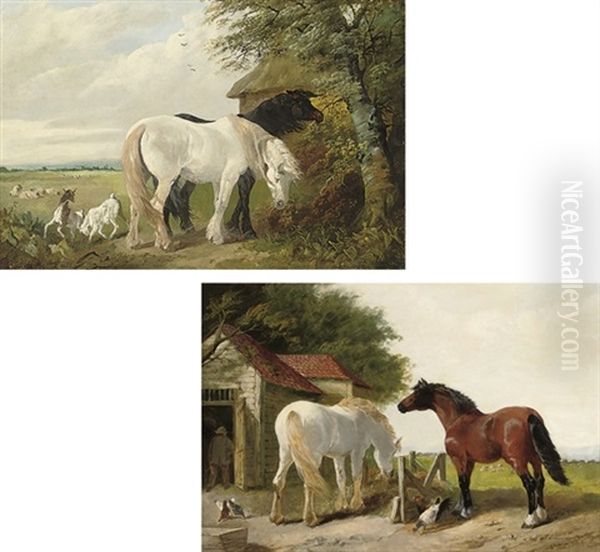 Horses And Chickens In A Farmyard (+ Horses And Goats In A Field; Pair) Oil Painting by Henry Charles Woollett