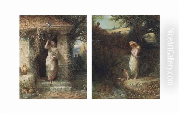 The Terrace, Haddon Hall; And At The Well (pair) Oil Painting by Alfred Joseph Woolmer