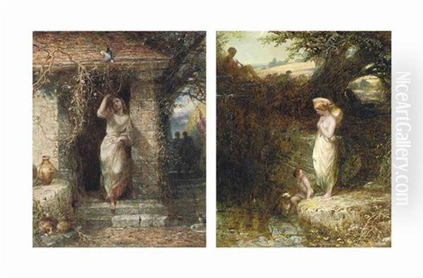 The Terrace, Haddon Hall And At The Well (pair) Oil Painting by Alfred Joseph Woolmer