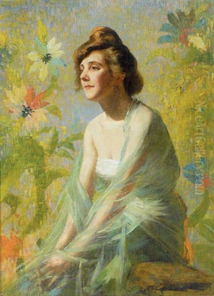 Portrait Of A Woman Seated Amid Flowers Oil Painting by Francis Humphry Woolrych