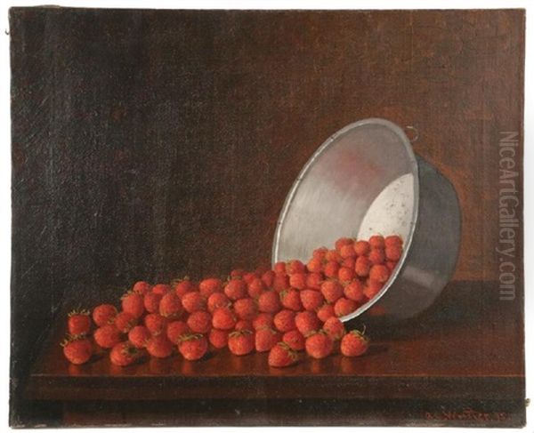 Still Life Of Strawberries On Table, Casdcading From A Metal Pot Oil Painting by Austin C. Wooster