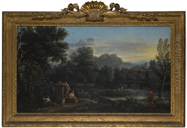 A Wooded Classical Landscape With Figures Resting In The Foreground And Bathing In The River, A Town Beyond Oil Painting by John Wootton