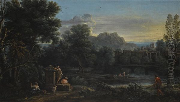 A Wooded Classical Landscape With Figures Resting In The Foreground And Bathing In The River, A Town Beyond Oil Painting by John Wootton