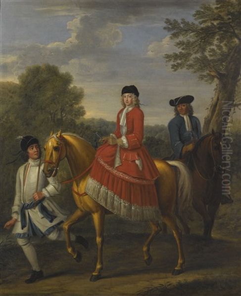 Equestrian Portrait Of Lady Henrietta Harley, Countess Of Oxford And Countess Mortimer (1694-1755) Led By A Groom With A Hunt Attendant, In A Landscape Oil Painting by John Wootton