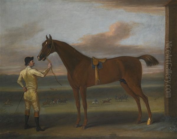 A Dark Chestnut Racehorse Held By A Jockey, By The Rubbing Down House, Newmarket Heath Oil Painting by John Wootton