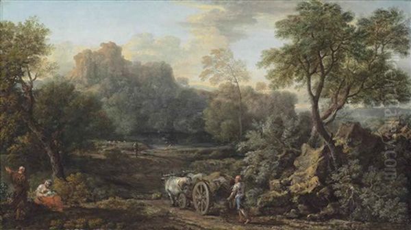 A Wooded River Landscape With A Farmer And His Ox-drawn Cart On A Path Oil Painting by John Wootton