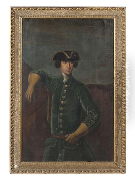 Half-length Portrait Of A Young Man In A Blue Frock Coat, Standing Before His Horse Oil Painting by John Wootton