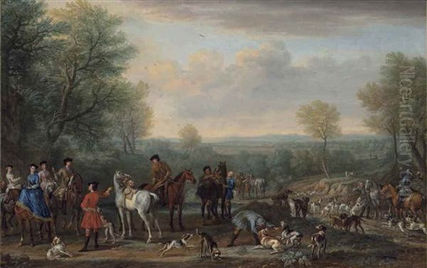 The Meet: A Hunting Party, With Figures, Horses And Hounds, In An Extensive Wooded Landscape Oil Painting by John Wootton