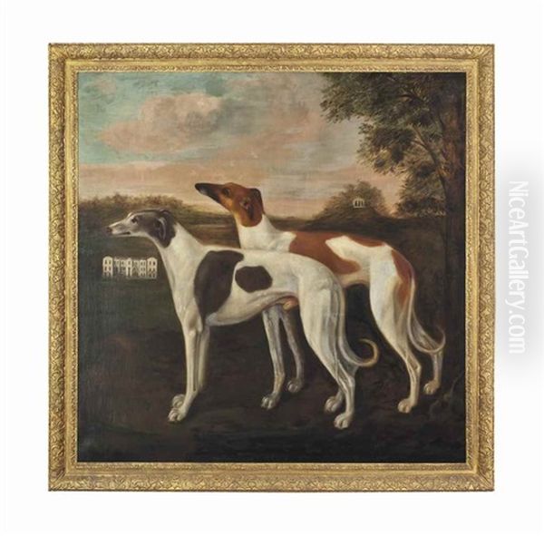 Two Greyhounds In A Wooded Landscape With Parham House And A Temple Beyond Oil Painting by John Wootton