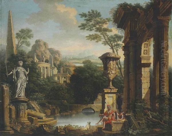 An Arcadian River Landscape With Soldiers Resting Among Classical Ruins Oil Painting by John Wootton