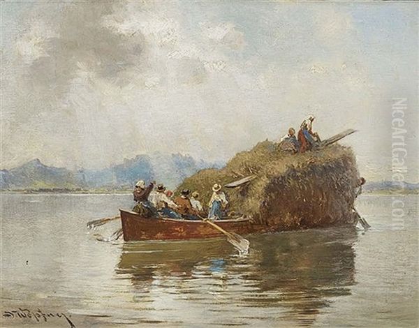 Boat With Hay On The Lake Chiemsee Oil Painting by Joseph Wopfner