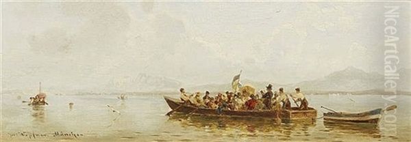 Corpus Christi Procession At The Lake Chiemsee (2 Works) Oil Painting by Joseph Wopfner