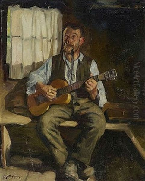 Gitarrespielender Chiemseefischer In Der Stube Oil Painting by Joseph Wopfner