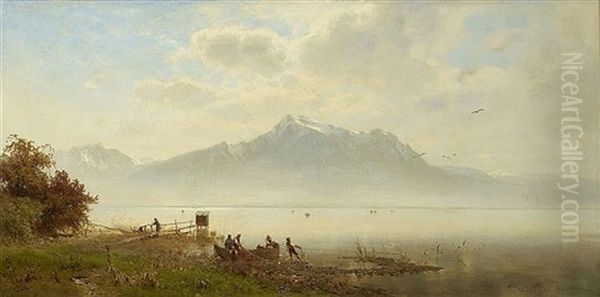 Weite Uferlandschaft Am Chiemsee Oil Painting by Joseph Wopfner