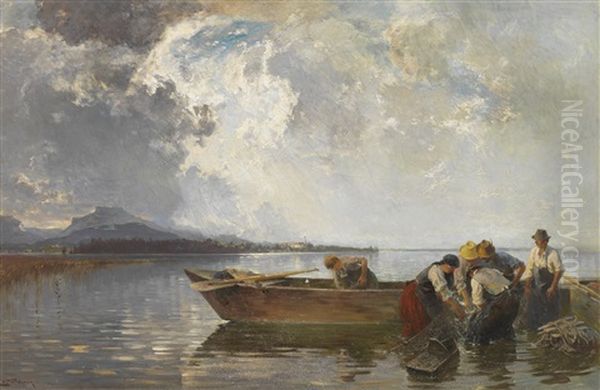 Fischerzug Am Chiemsee Oil Painting by Joseph Wopfner