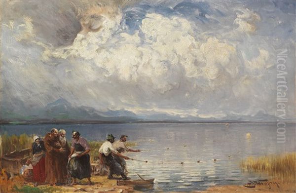 Fischer Und Monche Am Ufer Oil Painting by Joseph Wopfner