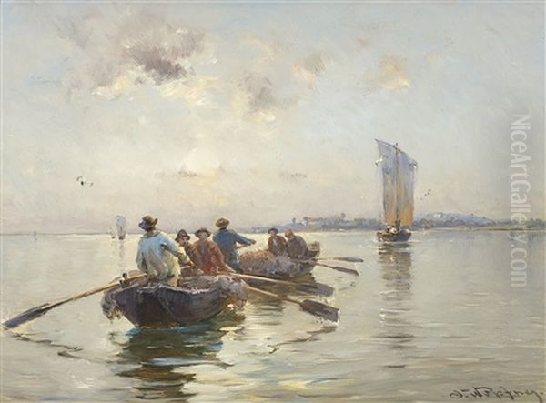 Fishermen At Lake Constance Oil Painting by Joseph Wopfner