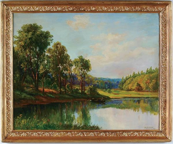 Landscape With Lake, Figure And Boat Oil Painting by Willard E. Worden