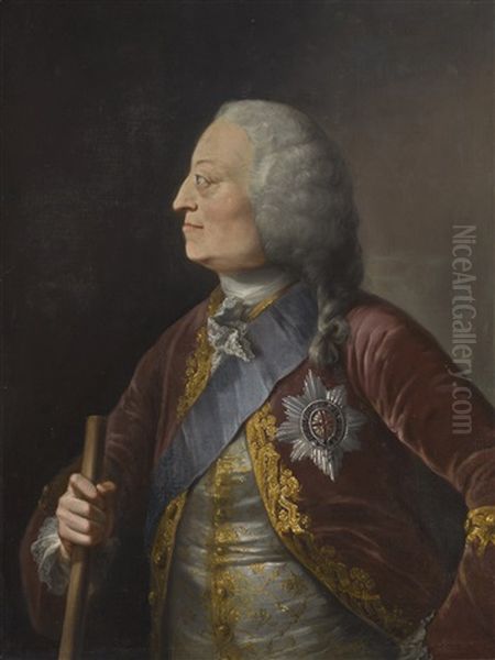 Portrait Of George Ii, Half-length, Wearing A Red, Gold And Lace-trimmed Coat Over An Embroidered Grey Waistcoat And The Sash And Badge Of The Garter, In Profile To The Left Oil Painting by Thomas Worlidge