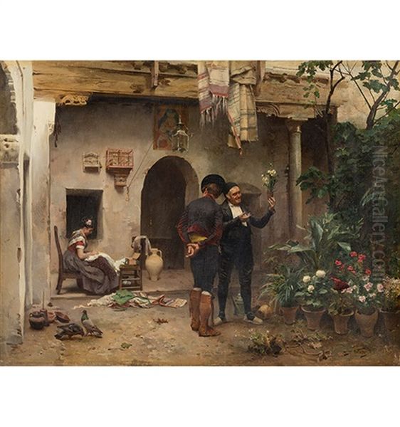 Innenhof Mit Zwei Mannern Beim Betrachten Von Blumen - Im Hintergrund Eine Junge Frau Beim Nahen by Jules Worms