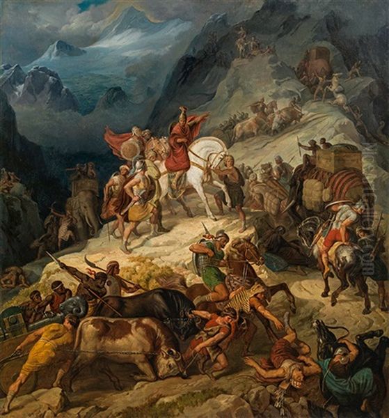 Hannibal's Crossing Of The Alps Oil Painting by August Woerndle von Adelsfried