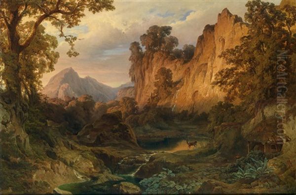 Romantische Landschaft Im Abendlicht Oil Painting by August Woerndle von Adelsfried