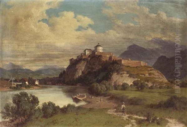 Feste Geroldseck In Kufstein Mit Personenstaffage Oil Painting by August Woerndle von Adelsfried