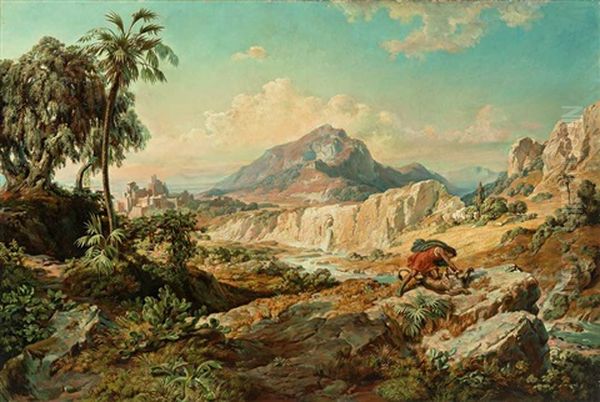 Im Mittelgrund Einer Weiten Orientalischen Gebirgslandschaft Erhebt Sich Eine Festungsstadt Oil Painting by Edmund von Woerndle zu Adelsfried und Weiherburg