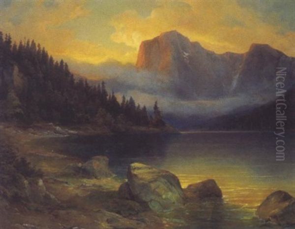 Ein Gebirgssee (traunstein?) Oil Painting by Edmund von Woerndle zu Adelsfried und Weiherburg