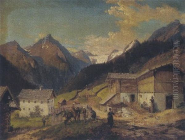 Gebirgslandschaft Mit Figurlicher Staffage Oil Painting by Edmund von Woerndle zu Adelsfried und Weiherburg