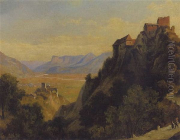 Schloss Tirol Und Die Brunnenburg Mit Meran Und Der Mendelspitze Oil Painting by Edmund von Woerndle zu Adelsfried und Weiherburg