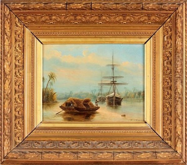 Pirogue Indigene Et Vaisseaux Dans L'anse D'une Riviere Oil Painting by Hendrik Van Der Worp