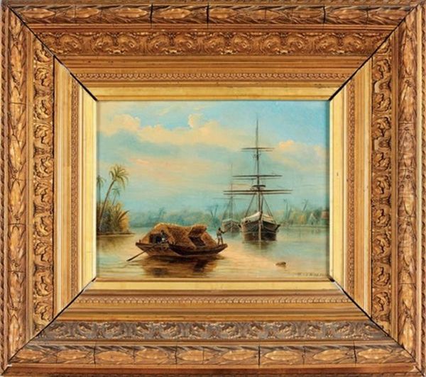 Pirogue Indigene Et Vaisseaux Dans L'anse D'une Riviere Oil Painting by Willem Van Der Worp