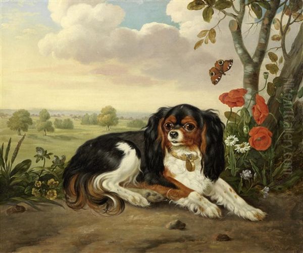 A Tricolour King Charles Spaniel In A Classical Landscape Oil Painting by Abraham Bruiningh van Worrell