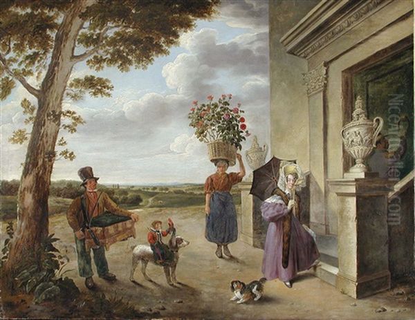 Personajes Frente A Una Entrada, Fondo De Paisaje Oil Painting by Abraham Bruiningh van Worrell