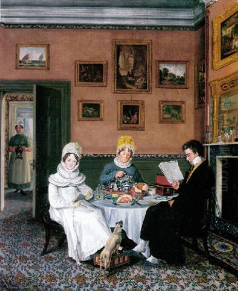 A Gentleman And Two Ladies Taking Breakfast Oil Painting by Abraham Bruiningh van Worrell