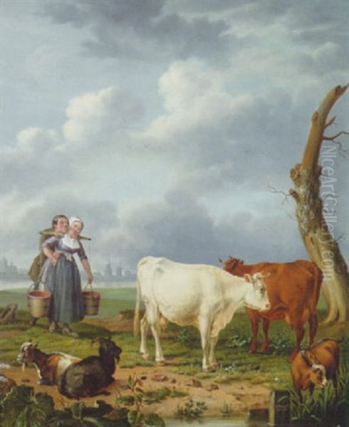 A Milkmaid With Her Swain In A River Landscape Oil Painting by Abraham Bruiningh van Worrell