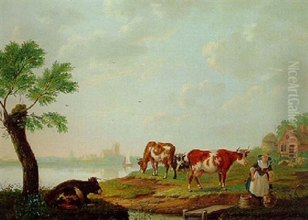 A Milkmaid And Cattle On A Riverbank, Dordrecht Beyond Oil Painting by Abraham Bruiningh van Worrell