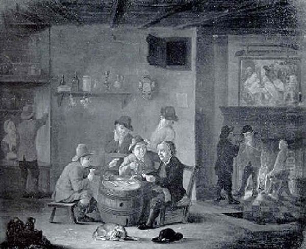 Playing Cards In A Tavern Interior Oil Painting by Abraham Bruiningh van Worrell