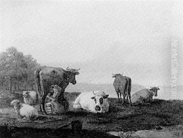 An Estuary With A Milkmaid Milking A Cow On The Flats Oil Painting by Abraham Bruiningh van Worrell