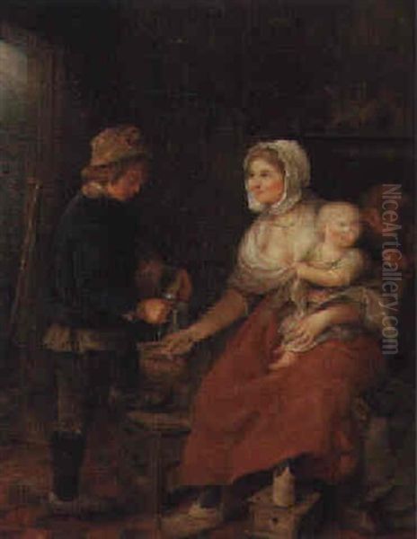 A Mother With Her Children In A Farmhouse Interior Oil Painting by Abraham Bruiningh van Worrell