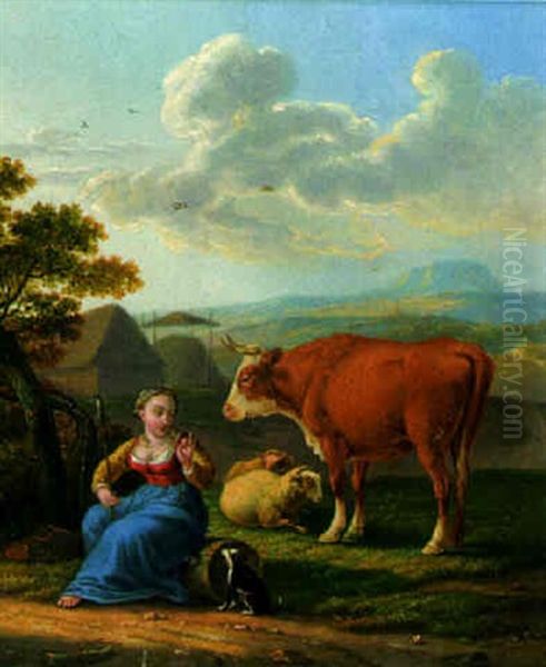 A Maid Spinning With A Dog, A Cow And Sheep In A Landscape Oil Painting by Abraham Bruiningh van Worrell