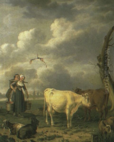 A Milkmaid With Her Swain And Cattle In Landscape Oil Painting by Abraham Bruiningh van Worrell