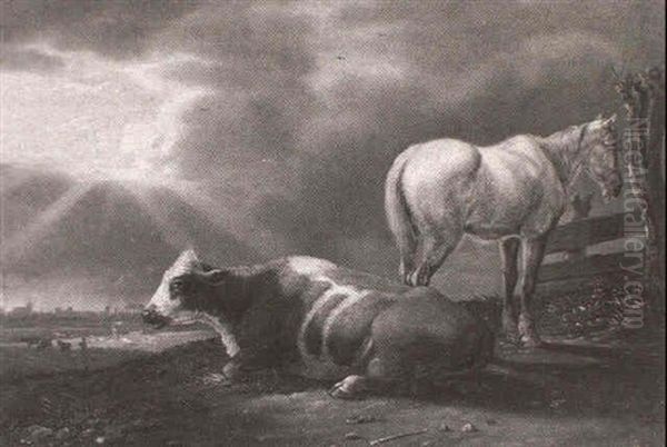 A Dutch Landscape With A Horse And Cow In The Foreground Oil Painting by Abraham Bruiningh van Worrell