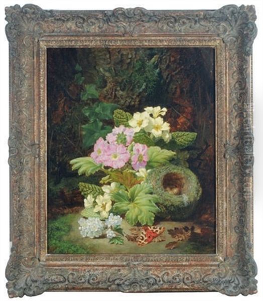 Still Life Of Spring Flowers With A Bird Nest With Eggs And A Moth In A Forest Landscape Oil Painting by Thomas Worsey