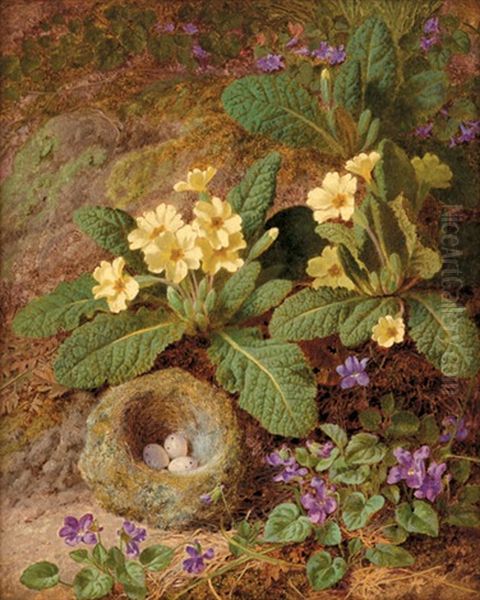 Primula And Violets On A Mossy Bank With Bird's Nest Oil Painting by Thomas Worsey