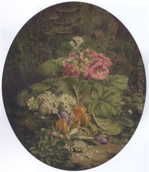 Still Life Of Crocuses, And Other Flowers On A Mossy Bank Oil Painting by Thomas Worsey