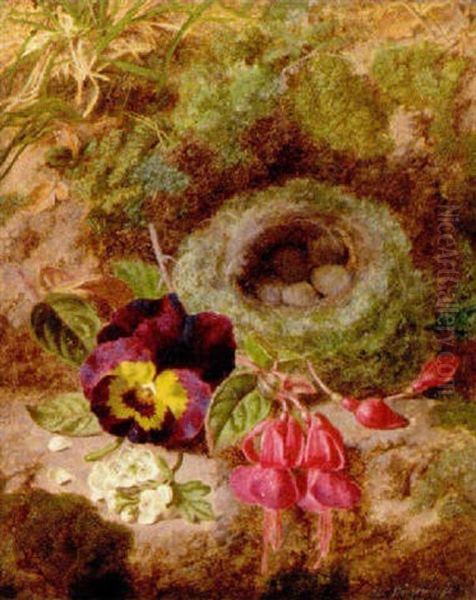 Apple Blossom, Pansies, Fuchsias And A Bird's Nest On A Mossy Bank Oil Painting by Thomas Worsey